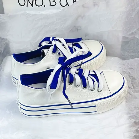 厚底经典帆布鞋女2023年春季新款双系带松糕鞋百搭韩版休闲板鞋子商品大图