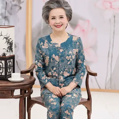 中老年睡衣女棉绸长袖老人妈妈奶奶家居服夏季人造棉套装春秋季图片