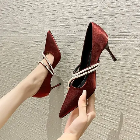 高跟鞋女2024新款尖头珍珠浅口细跟高级感气质名媛单鞋酒红色婚鞋图片