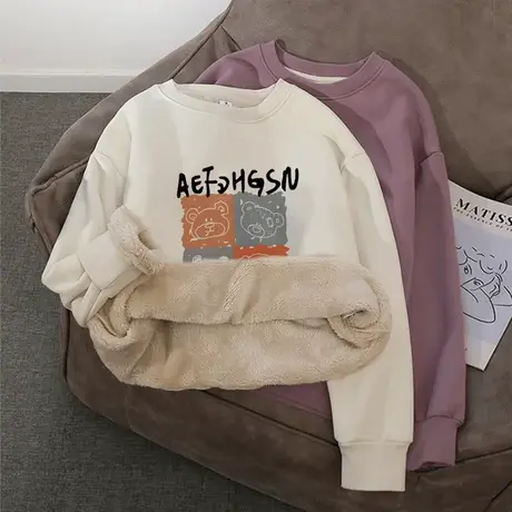 羊羔绒圆领卫衣女复古chic秋冬加绒内搭上衣潮牌ins加厚宽松外套商品大图