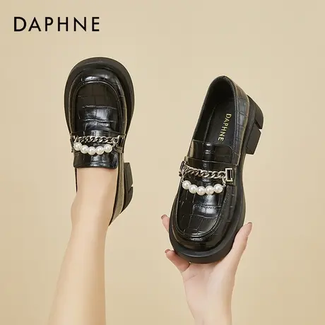 达芙妮英伦风小皮鞋女2021年新款单鞋粗跟一脚蹬圆头黑色链条女鞋图片