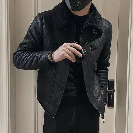 冬季2023新款加厚皮毛一体外套男时尚修身短款轻熟皮夹克机车棉衣图片