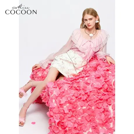 MISSCOCOON【繁花之境】24春新款优雅浪漫双层荷叶边带钻抽绳衬衫商品大图