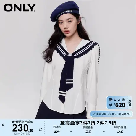 ONLY奥莱2023春夏新款百搭休闲海军领拼接领带长袖衬衫商品大图