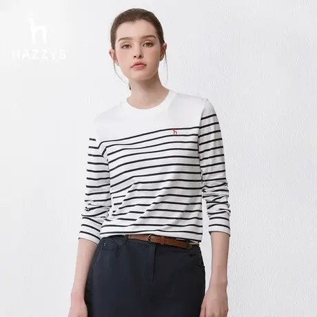 【宽松条纹】Hazzys哈吉斯春季撞色打底衫基础内搭长袖纯棉T恤女商品大图