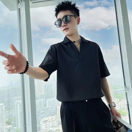 夏季男士格子短袖t恤POLO衫时尚休闲ins潮流纯色网红潮牌青年上衣商品大图