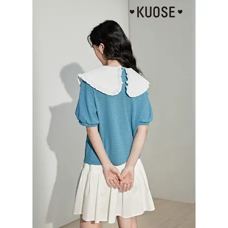 阔色撞色娃娃领T恤女2023新款夏季泡泡袖肌理感蓝色针织短袖上衣商品大图