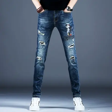 弹力高端潮牌破洞牛仔裤男款小脚修身秋冬款新款裤子潮流男士印花商品大图