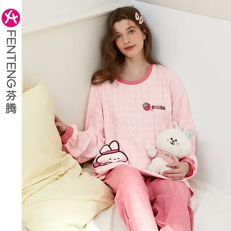 芬腾布朗熊纯棉睡衣女春秋长袖套头圆领韩版少女可外穿家居服套装商品大图