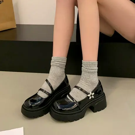 法式玛丽珍鞋女2024春新款百搭厚底浅口单鞋英伦风粗跟高跟小皮鞋商品大图