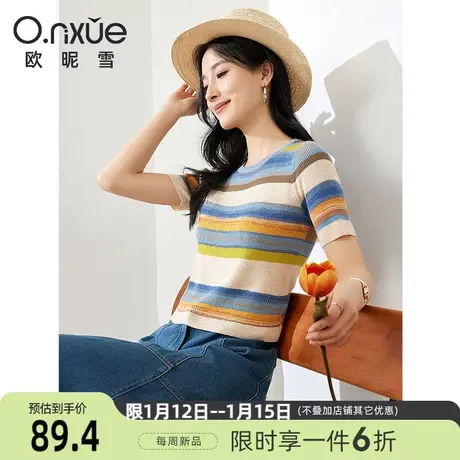 欧昵雪2024春季新款时尚圆领条纹针织衫女短袖修身显瘦设计感上衣商品大图
