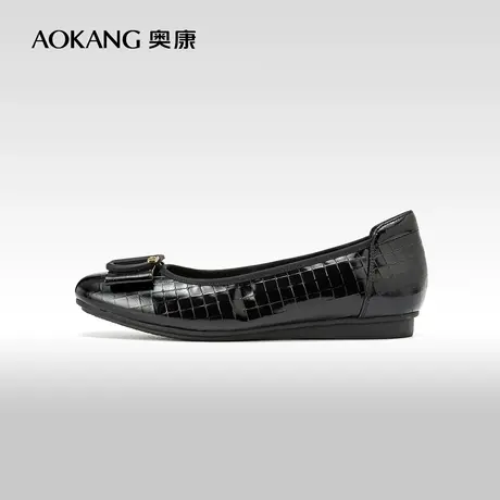 【头层牛皮】奥康女鞋 新款浅口压花方头金属扣套脚单鞋图片