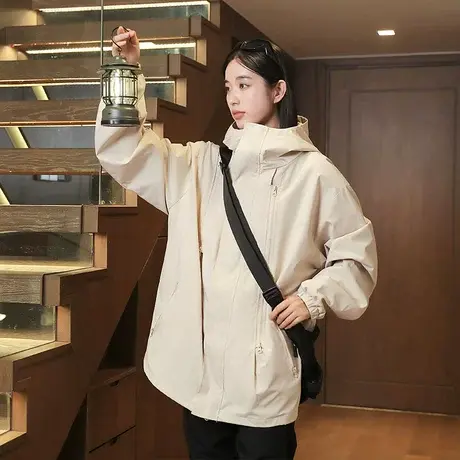 户外工装连帽拉链冲锋衣外套女春秋美式复古休闲徒步登山夹克男潮图片