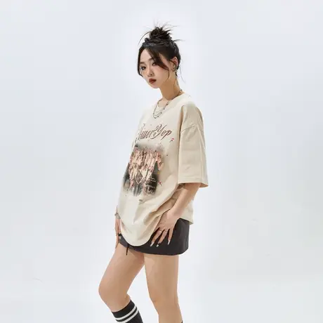 YEP美式复古印花短袖t恤女夏季2024年新款潮牌宽松情侣装半袖上衣商品大图