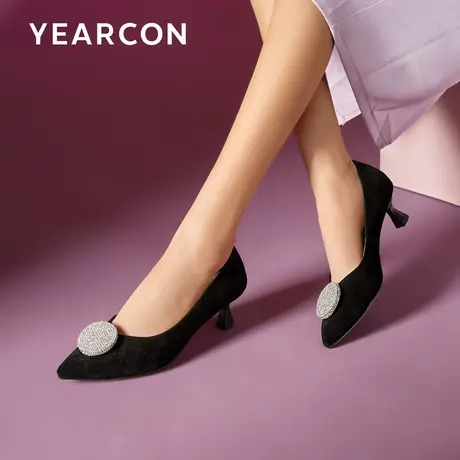 意尔康法式气质高跟鞋女2024新款春性感尖头细跟绒面真皮职业单鞋商品大图