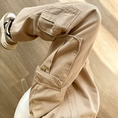 卡其色美式工装牛仔裤女春秋2024年新款高腰显瘦宽松直筒阔腿裤潮商品大图