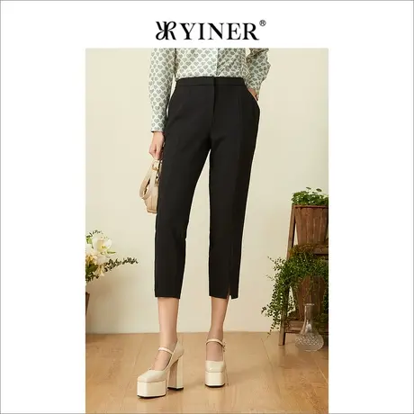 YINER音儿女装春季通勤微衩竖条纹直筒休闲裤商品大图