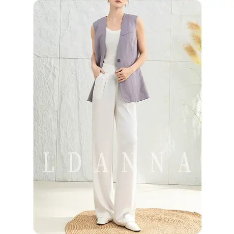 夏薄款棉麻v领西装马甲女苎麻休闲显瘦上衣外套紫色无袖背心马夹商品大图