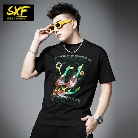 SXF圣希梵短袖男士 夏季2024新款T恤潮牌字母烫钻半袖上衣半袖男商品大图