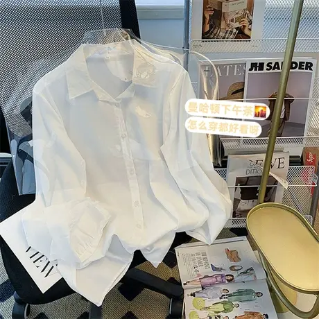 白色长袖衬衫女内搭夏季衬衣宽松高级设计感小众韩风chic上衣温柔商品大图