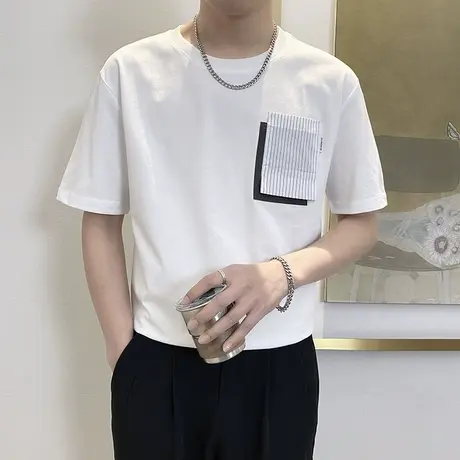 夏季短袖T恤ins简约休闲拼接口袋设计感男士圆领半袖上衣潮牌体恤商品大图