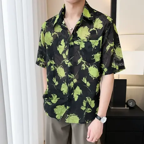 轻熟风碎花衬衫男夏季潮流ins小众高级感休闲半袖衬衣痞帅花衬衫商品大图