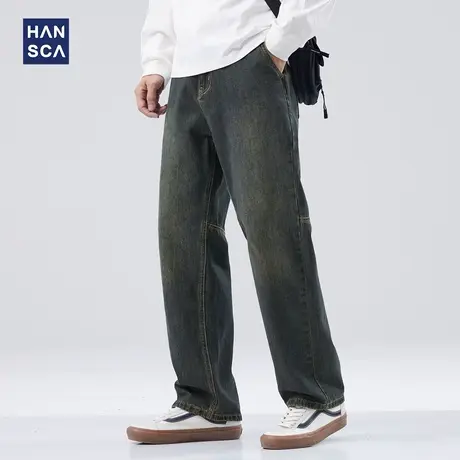 hansca美式复古拼接牛仔裤男秋季潮牌直筒宽松水洗做旧工装长裤子商品大图