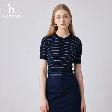 【商场同款】Hazzys哈吉斯修身细条纹短袖针织衫女士新款休闲毛衣图片