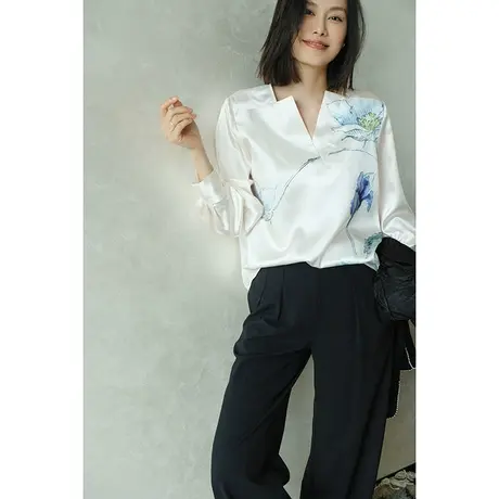 白色印花衬衫女2024春夏季新款高端洋气复古长袖V领醋纤女士上衣商品大图