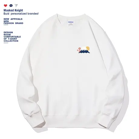 2023秋季潮牌白色简约富士山印花卫衣青少年圆领宽松休闲薄款上衣图片