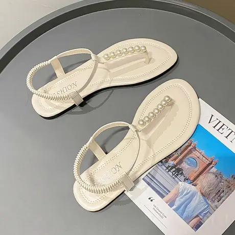 沙滩凉鞋女配裙子海边度假2024夏春新款夹趾平底珍珠仙女风罗马鞋商品大图