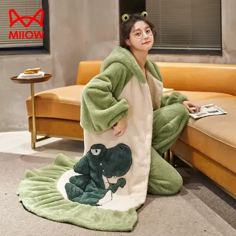 猫人可爱卡通珊瑚绒连帽睡袍女士秋冬款加绒加厚睡衣可外穿家居服图片