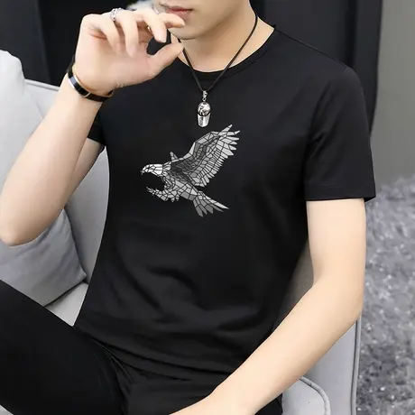 莫代尔夏季男士短袖t恤潮牌潮流印花体恤冰丝冰感半袖黑色上衣服商品大图