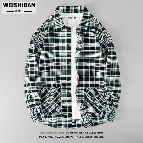美式黑白格纹长袖衬衫男外套潮流休闲高街宽松青年百搭工装衬衣男商品大图