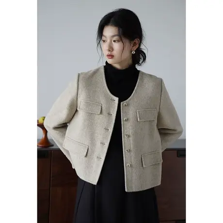 嘉茱莉2023秋季新款绵羊毛毛呢外套女短款小个子羊毛大衣外套圆领商品大图