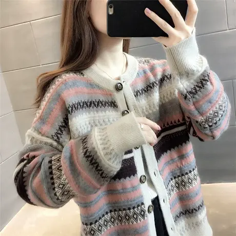 2023秋装新款针织开衫外套女韩版宽松条纹圆领毛衣外穿长袖上衣潮图片