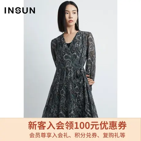 恩裳商场同款复古印花连衣裙春秋季V领宽松时尚收腰中长裙图片