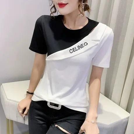 时尚撞色T恤女短袖夏装设计感洋气上衣修身镂空丅恤半袖ins网红潮商品大图