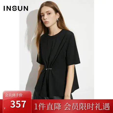 恩裳COVER2023夏季新款挺括有型精梳棉微落肩褶皱金属扣点缀T恤商品大图