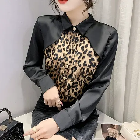 气质豹纹衬衫女长袖春秋2023新款时尚POLO领上衣假两件修身打底衫图片