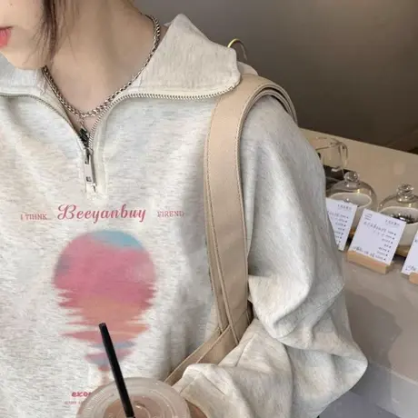 高级感超好看半拉链卫衣2023新款女春秋小个子韩版慵懒polo领上衣图片