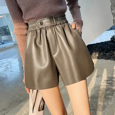咖色超软皮短裤女2023秋冬新款口袋个性休闲时尚宽松pu阔腿a字裤商品大图