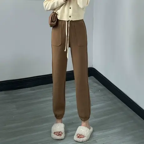 高街加绒休闲裤女秋冬2023新款松紧腰厚款束脚防风裤显瘦运动裤子商品大图