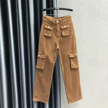 2023秋季新款纯色多口袋设计感牛仔工装裤女辣妹高腰显瘦直筒长裤商品大图