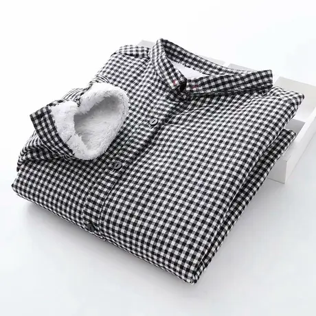 2019秋冬新款韩版文艺黑白小格子加绒衬衫女保暖学生加厚打底衬衣图片