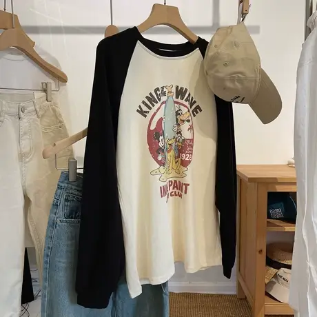 复古减龄卡通印花插肩袖长袖T恤女2023春款宽松休闲中长款上衣潮图片