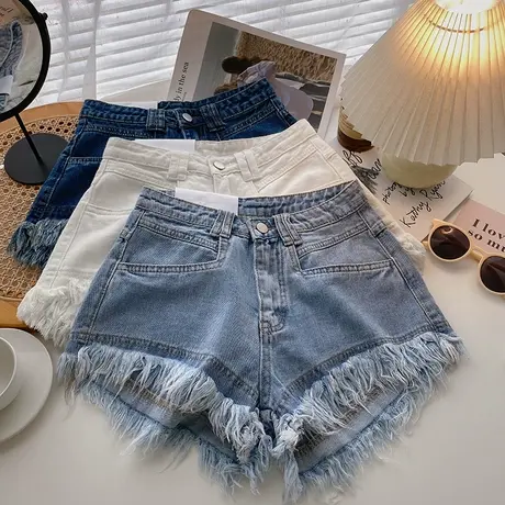 毛边高腰蓝色牛仔阔腿裤女2023年春夏韩版时尚百搭一粒扣外穿短裤图片