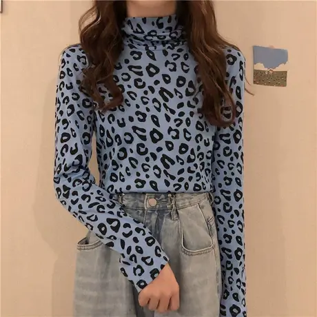 T恤女装秋冬2023新款韩版ins气质豹纹打底衫高领内搭洋气长袖上衣商品大图