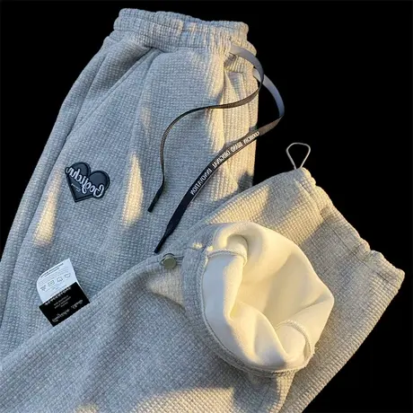 爱心港风华夫格裤子女秋冬加绒加厚宽松潮ins高街原宿风休闲卫裤商品大图