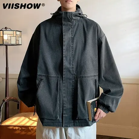 VIISHOW深蓝色牛仔外套潮牌男春秋款痞帅美式复古水洗工装夹克商品大图